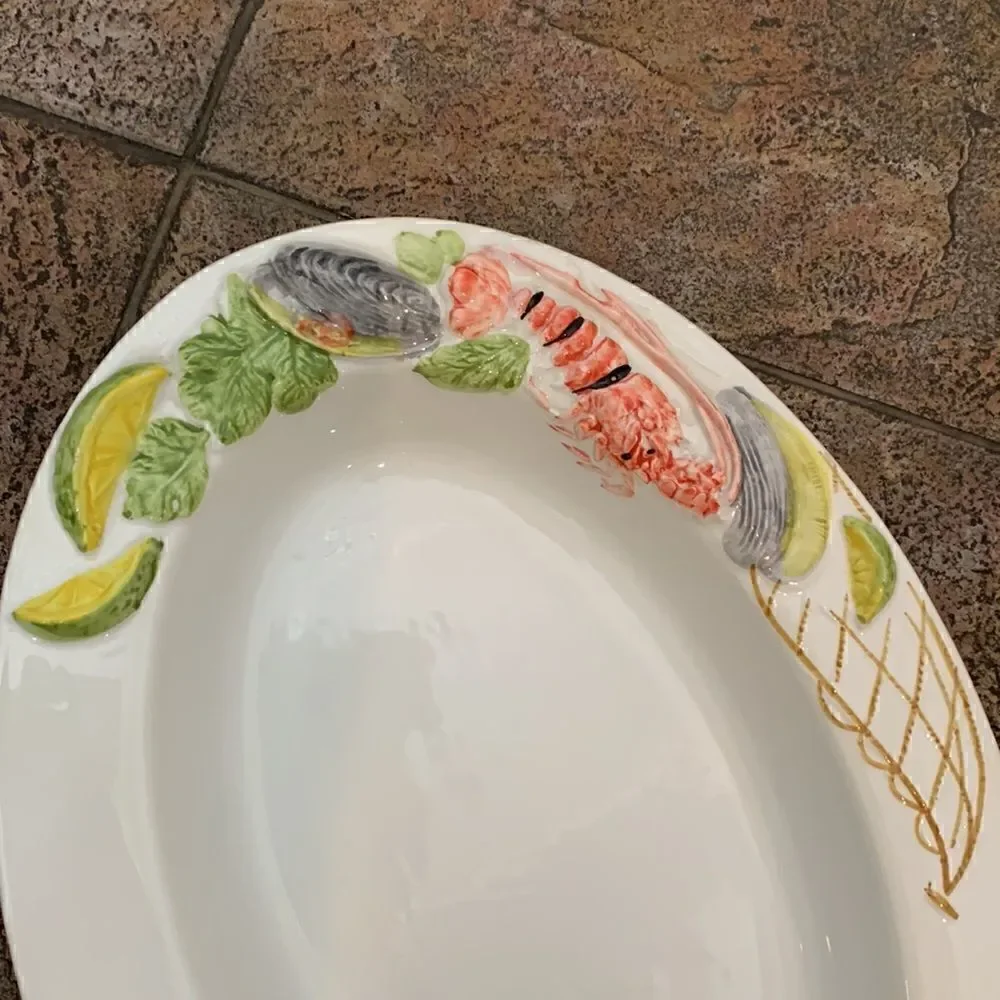 Pier 1 Italy Hand Painted Clam Bake Serving Platter Lobster Clams Lemon Lime